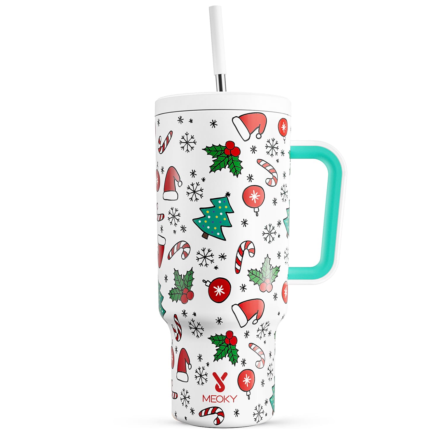 Meoky 40 oz Christmas Tumbler with Handle and Straw, Xmas Tumbler with Lid and Straw, Insulated Stainless Steel Travel Mug, 100% Leak-proof, Keeps Cold for 34 Hours (Snowflake Wishes)