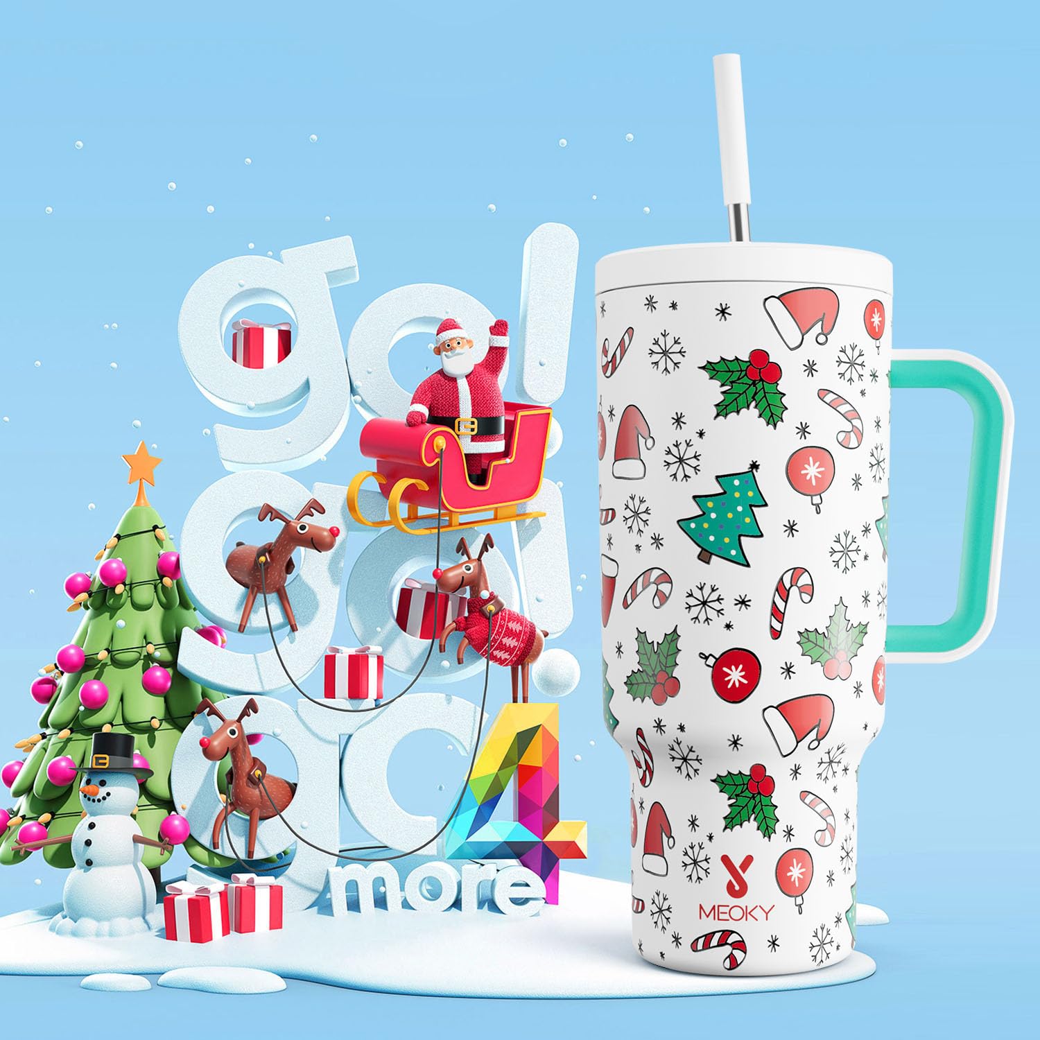 Meoky 40 oz Christmas Tumbler with Handle and Straw, Xmas Tumbler with Lid and Straw, Insulated Stainless Steel Travel Mug, 100% Leak-proof, Keeps Cold for 34 Hours (Snowflake Wishes)