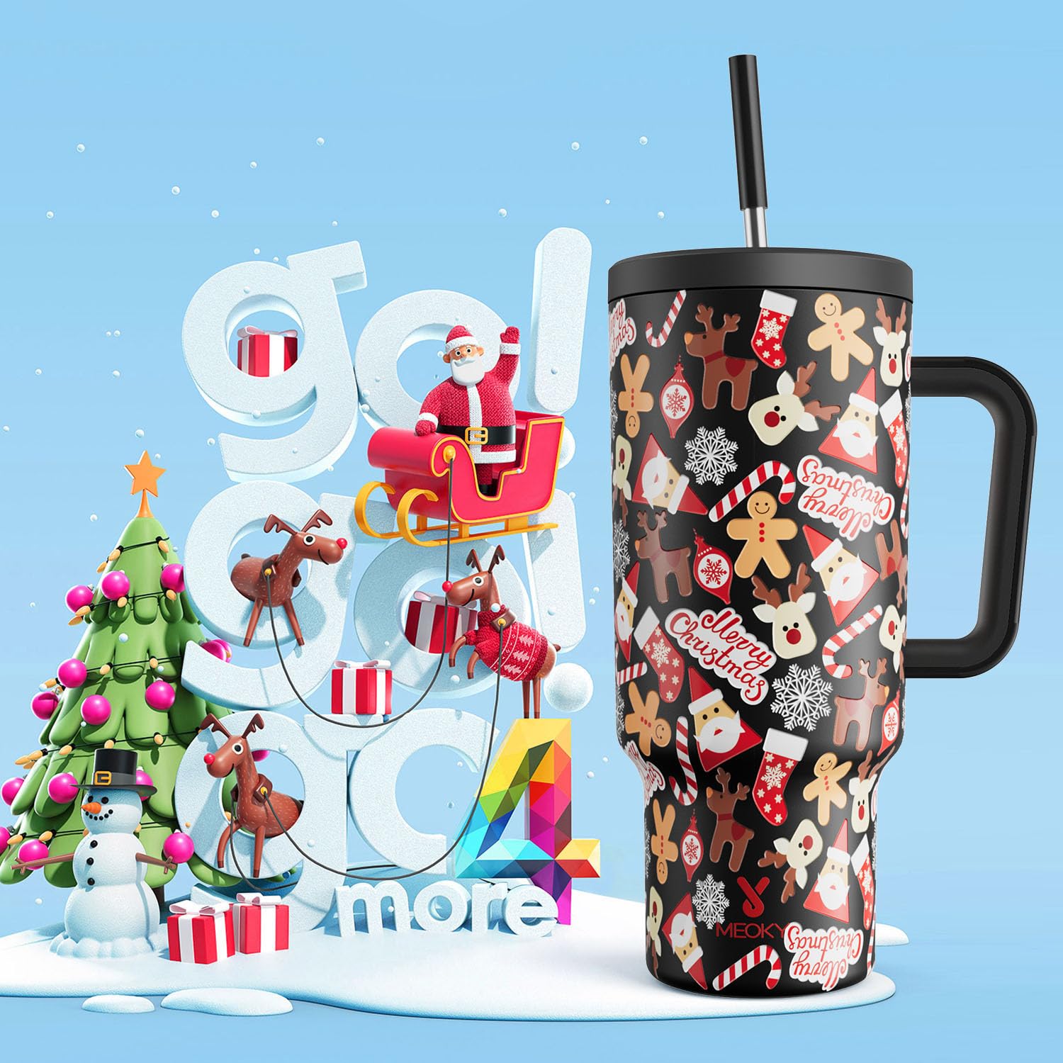 Meoky 40 oz Christmas Tumbler with Handle and Straw, Xmas Tumbler with Lid and Straw, Insulated Stainless Steel Travel Mug, 100% Leak-proof, Keeps Cold for 34 Hours (Gingerbread Joy)