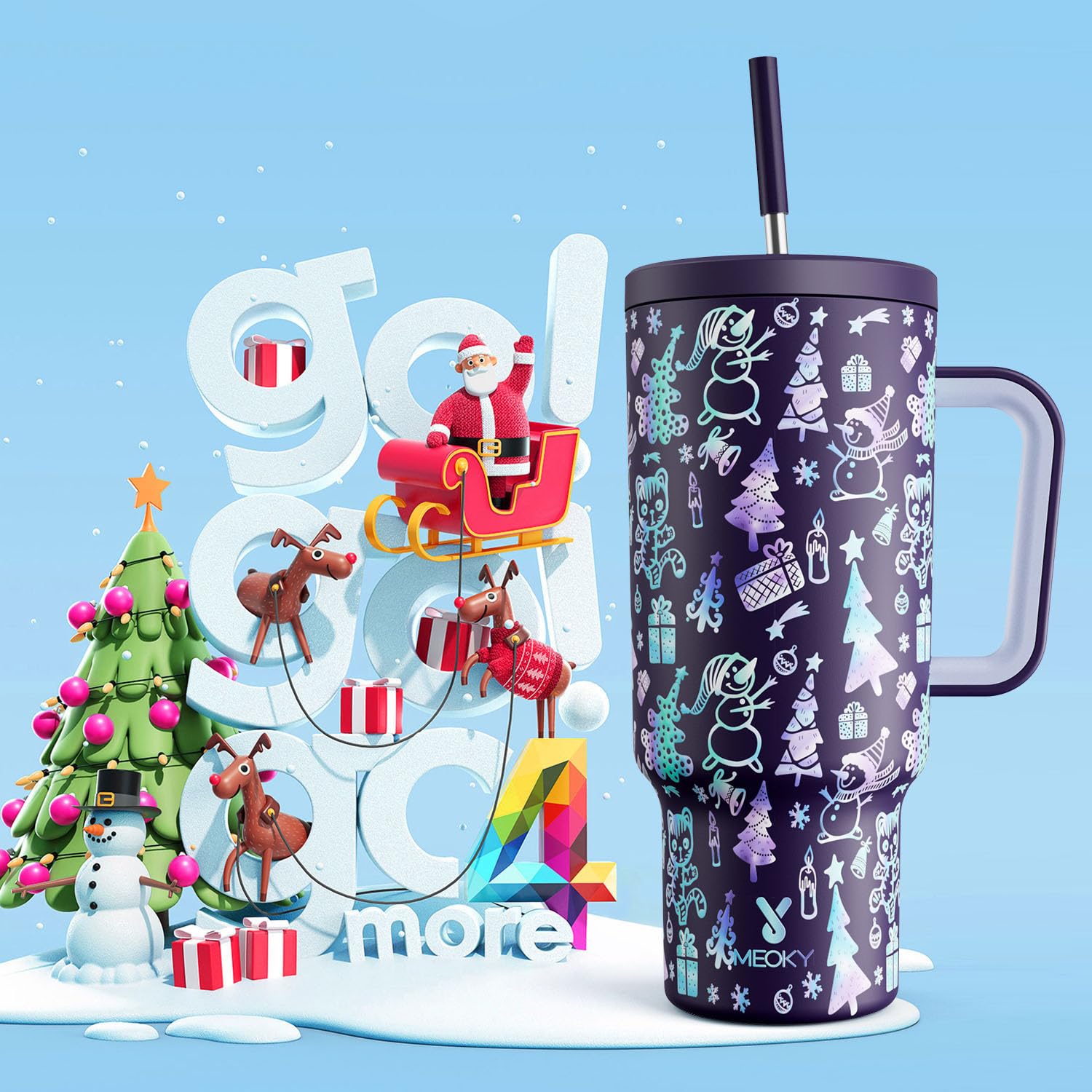 Meoky 40 oz Christmas Tumbler with Handle and Straw, Xmas Tumbler with Lid and Straw, Insulated Stainless Steel Travel Mug, 100% Leak-proof, Keeps Cold for 34 Hours (Christmas Tree)